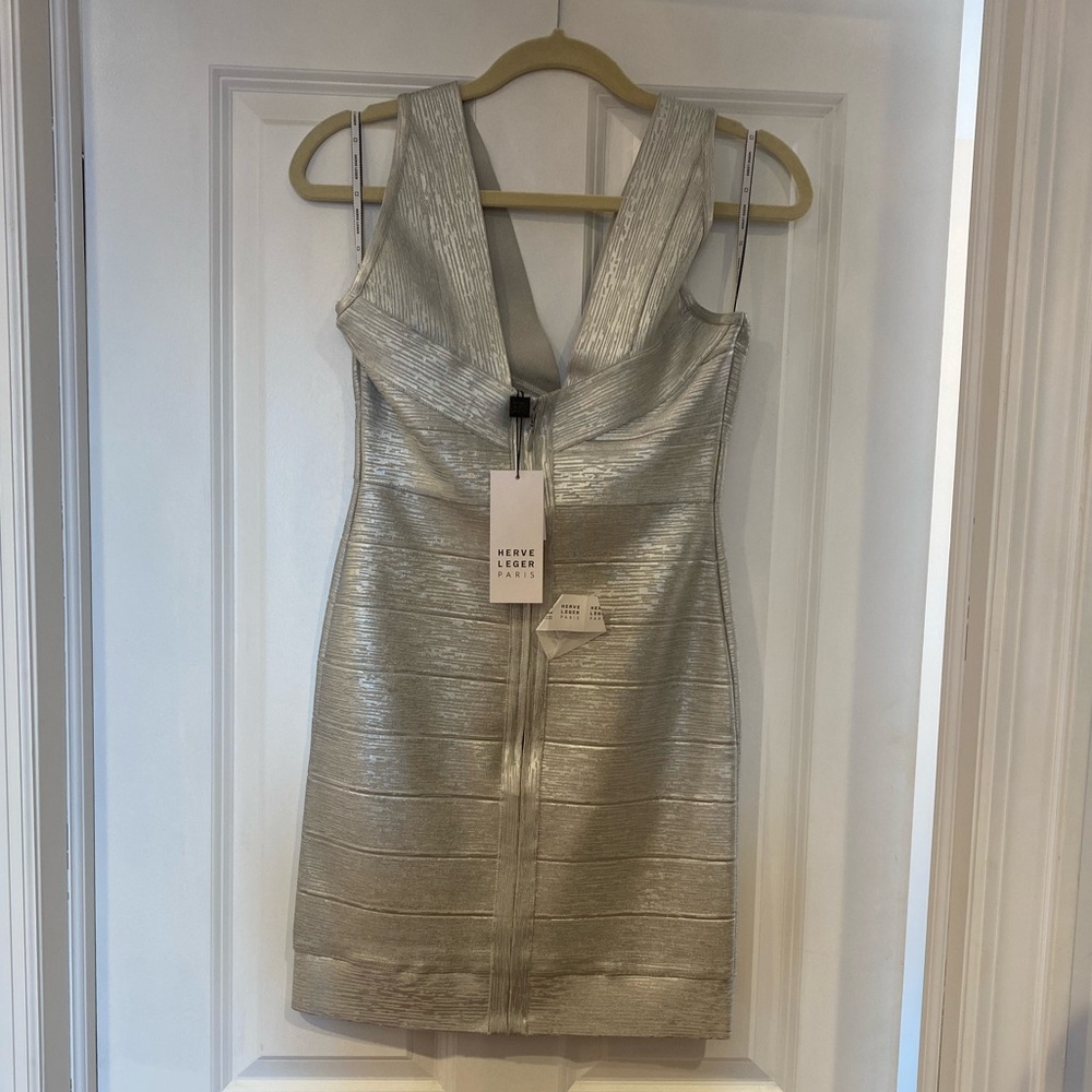 HERVE LEGER V Neck Bandage Dress Bodycon Foil - Picture 4 of 9